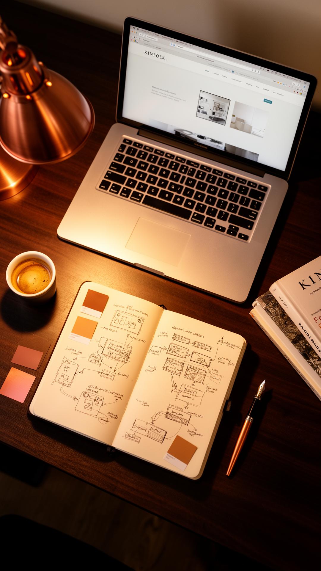 Atelier du studio — wireframes, swatches cuivre et MacBook
